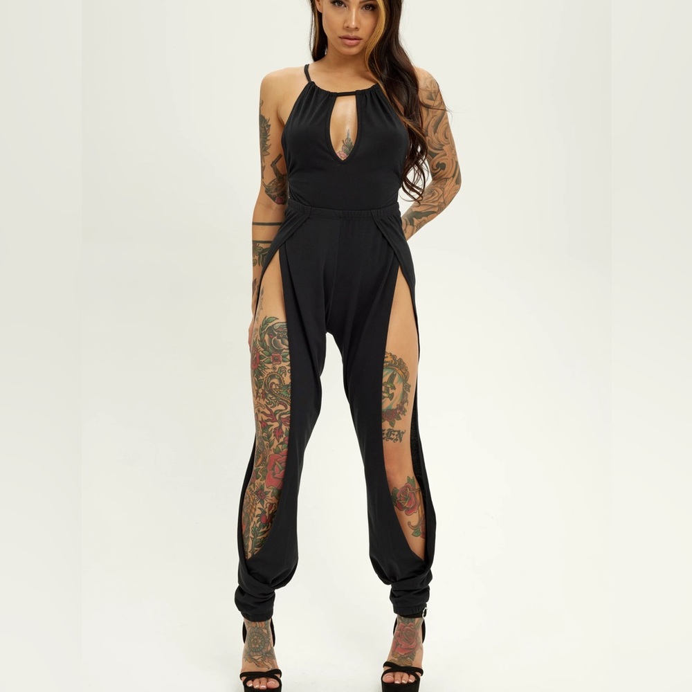 Black Cut Out Slit Halter Neck Cover Up Jumpsuit
